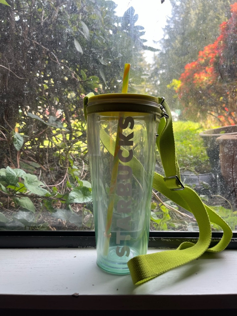 Starbucks Neon Yellow Tumbler With Strap Clear Travel Cup Crossbody 24oz Venti